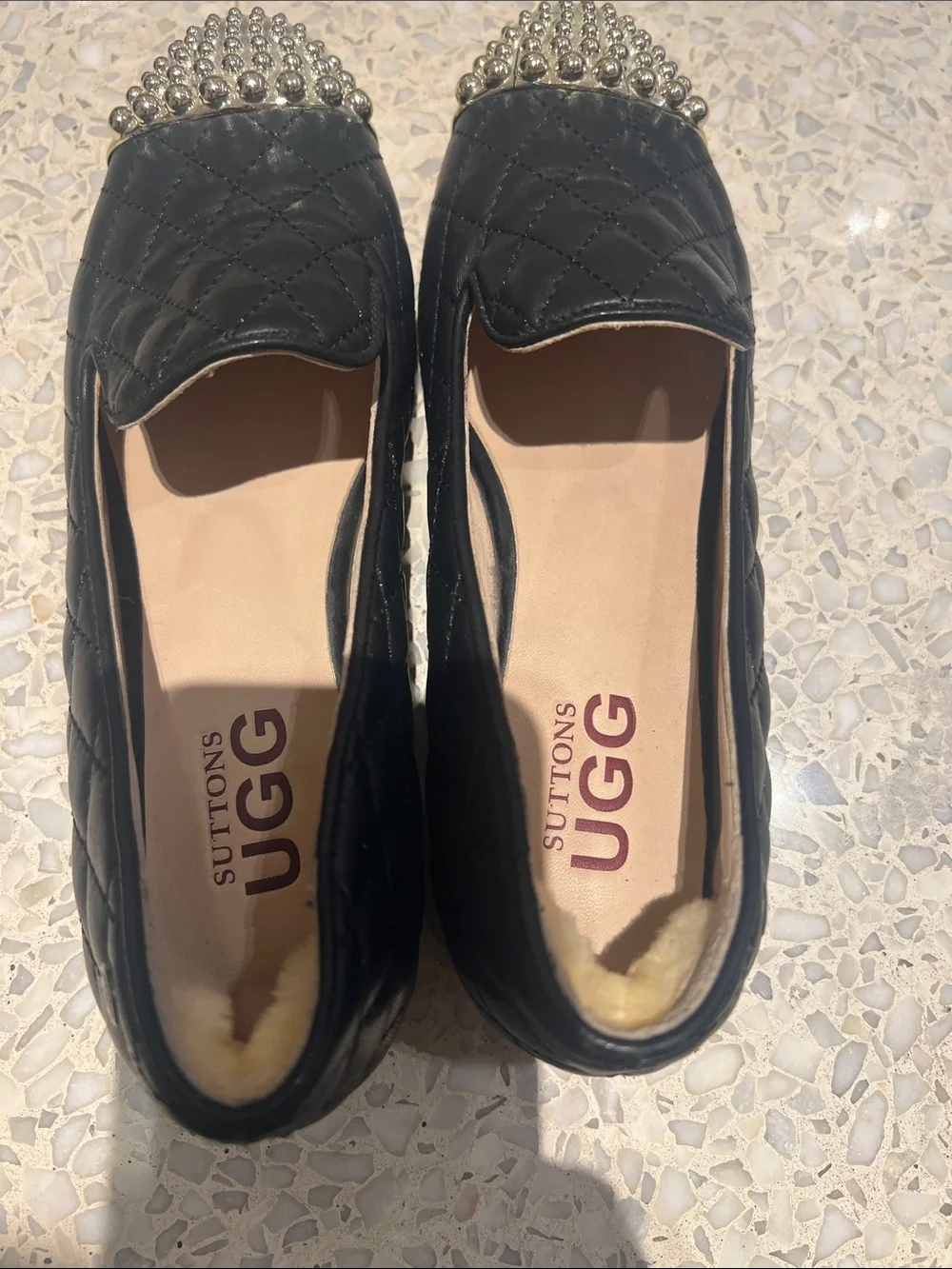 Rare discontinued Suttons UGG Australia Black Quilted Leather Studded Cap Toe 36